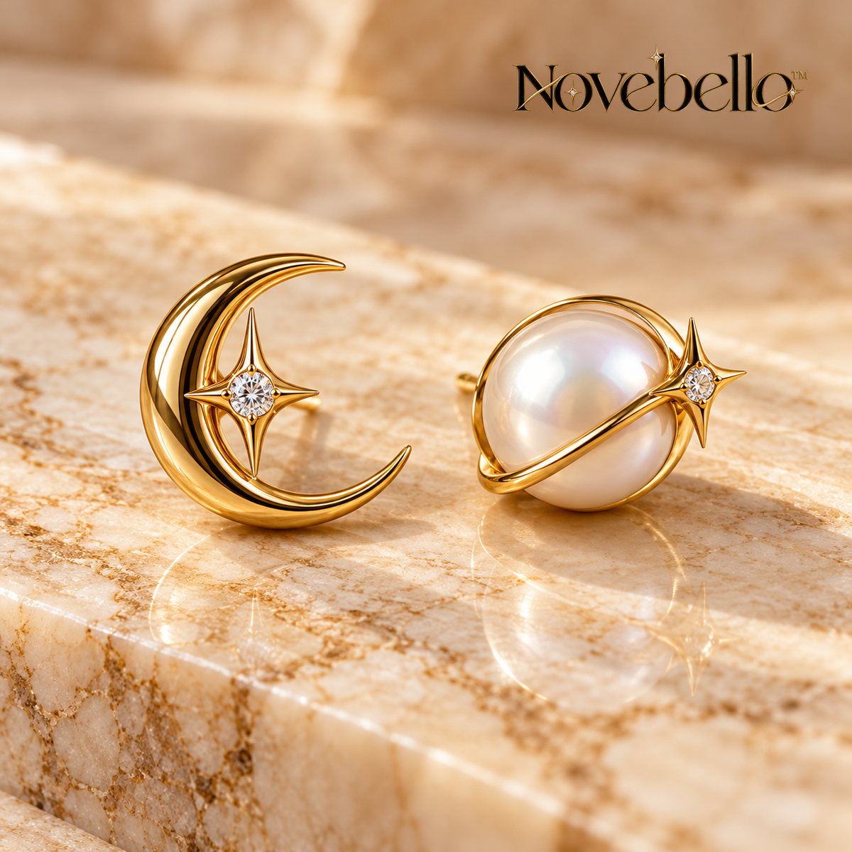 Novebello™ Gold Celestial Moon Stud Earrings