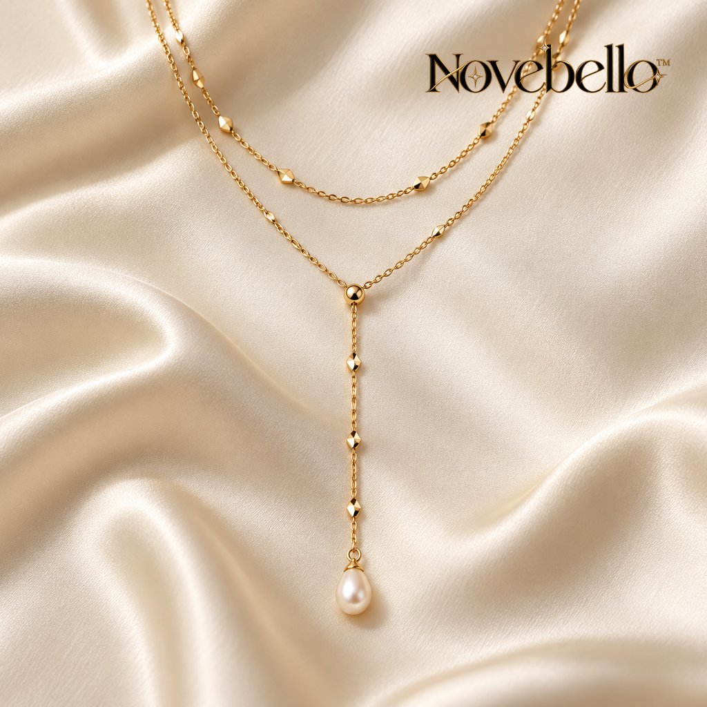 Novebello™ Gold Layered Lariat Necklace with Pearl Drop