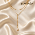 Novebello™ Gold Layered Lariat Necklace with Pearl Drop