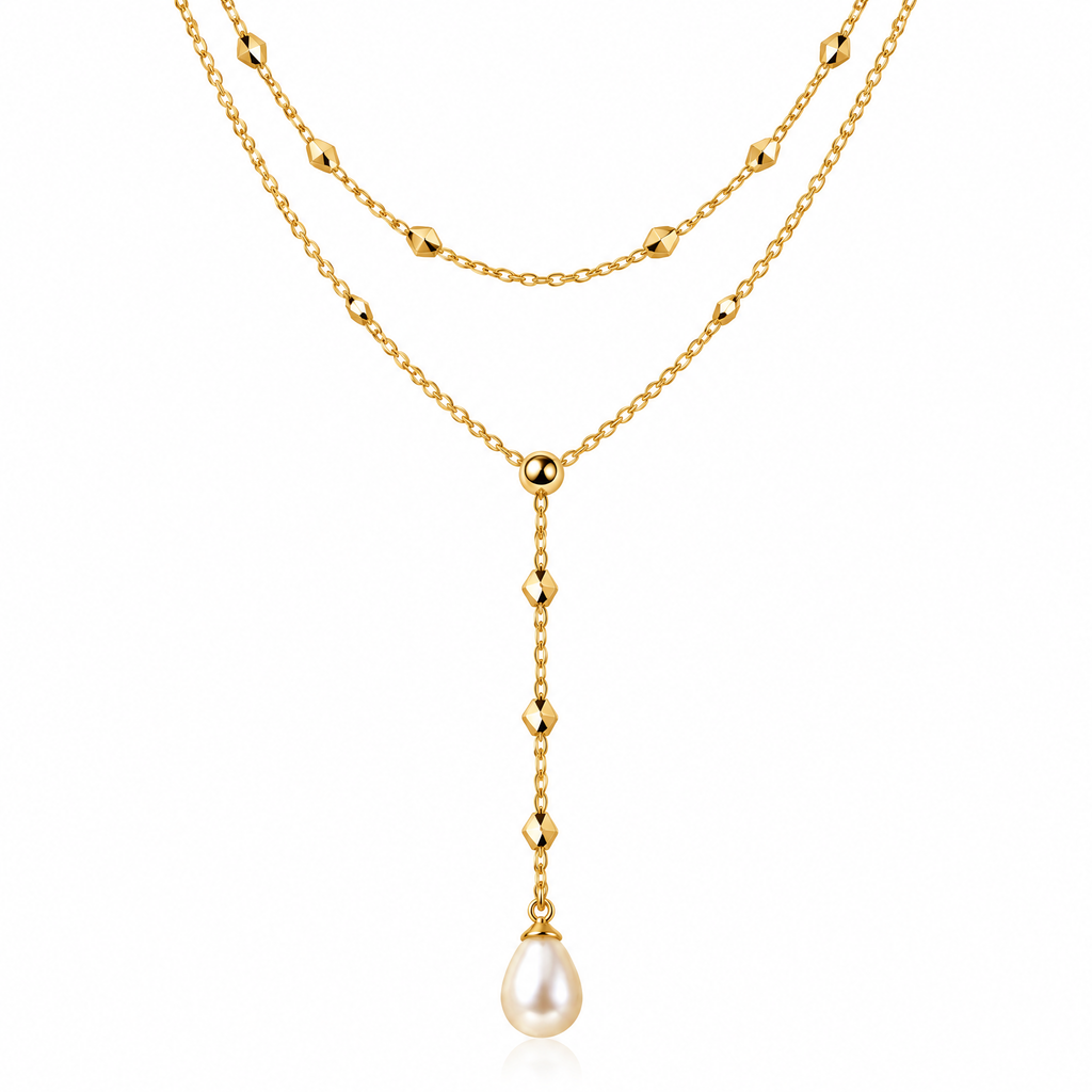 Novebello™ Gold Layered Lariat Necklace with Pearl Drop