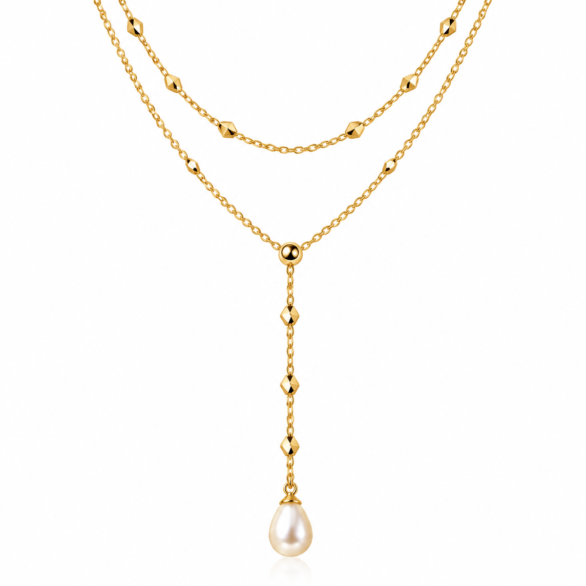 Novebello™ Gold Layered Lariat Necklace with Pearl Drop