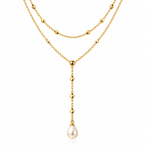 Novebello™ Gold Layered Lariat Necklace with Pearl Drop