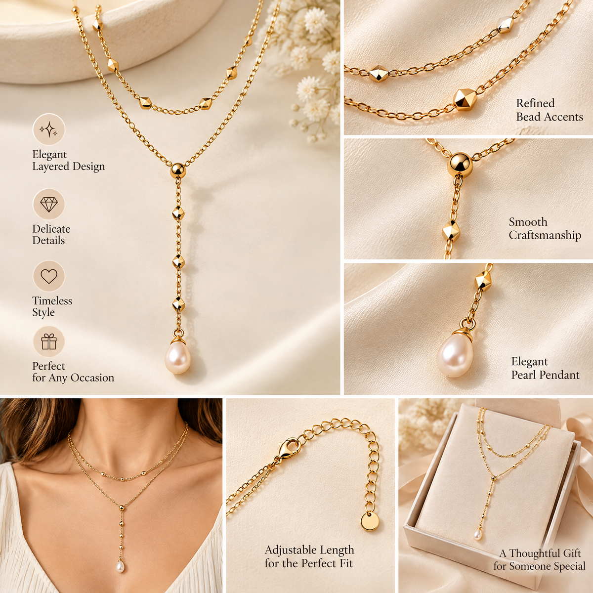Novebello™ Gold Layered Lariat Necklace with Pearl Drop
