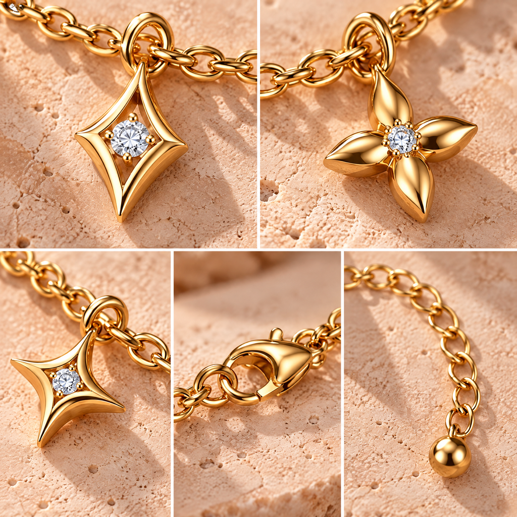 Novebello™ Gold Charm Station Bracelet with Star Details