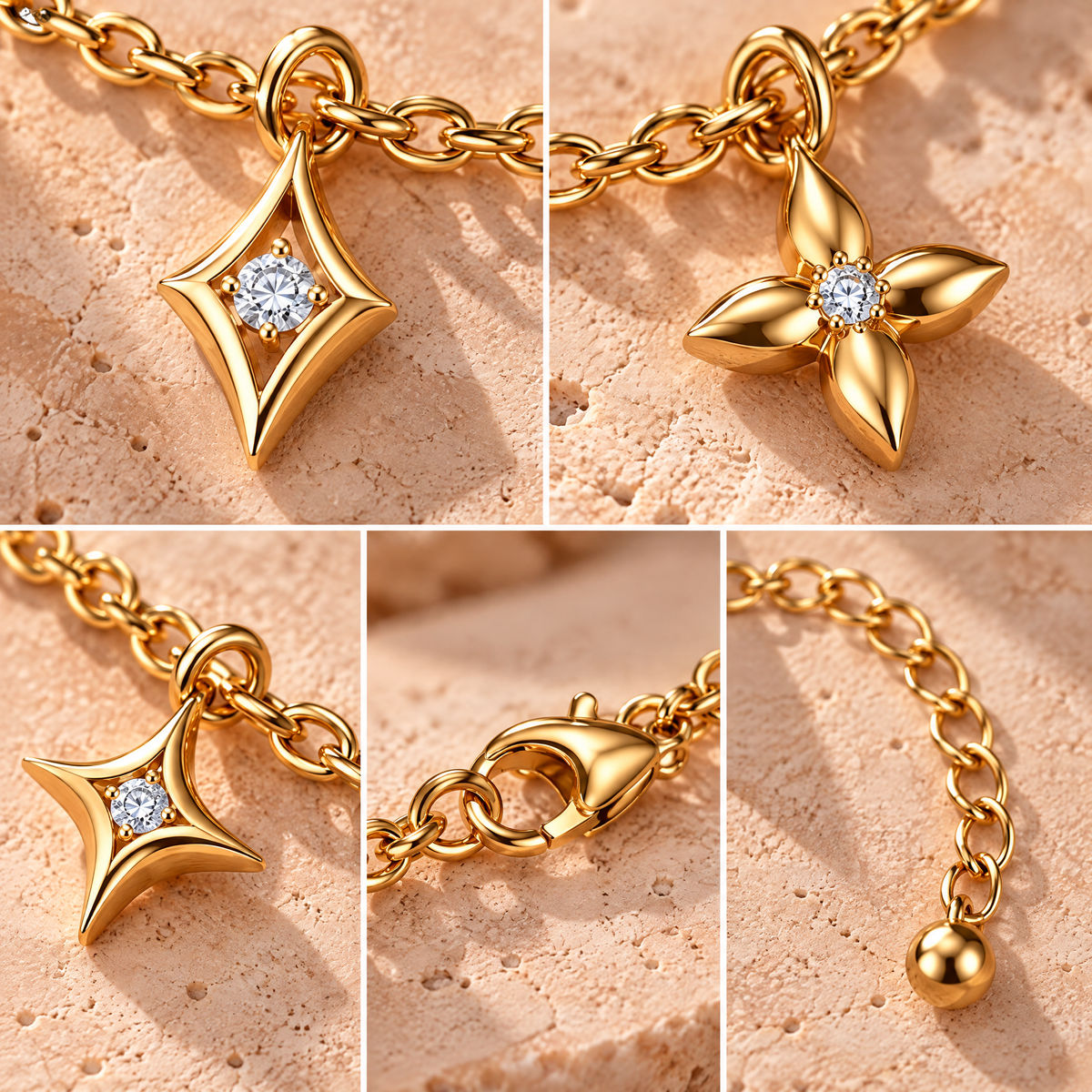 Novebello™ Gold Charm Station Bracelet with Star Details
