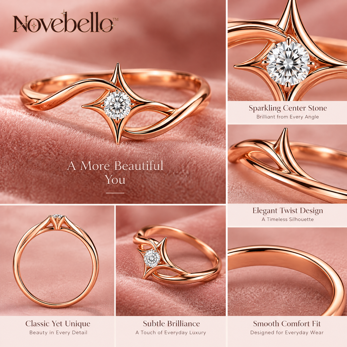 Novebello™ Rose Gold Star Crystal Statement Ring