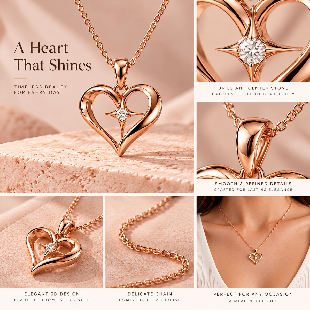 Novebello™ Rose Gold Heart Crystal Pendant Necklace