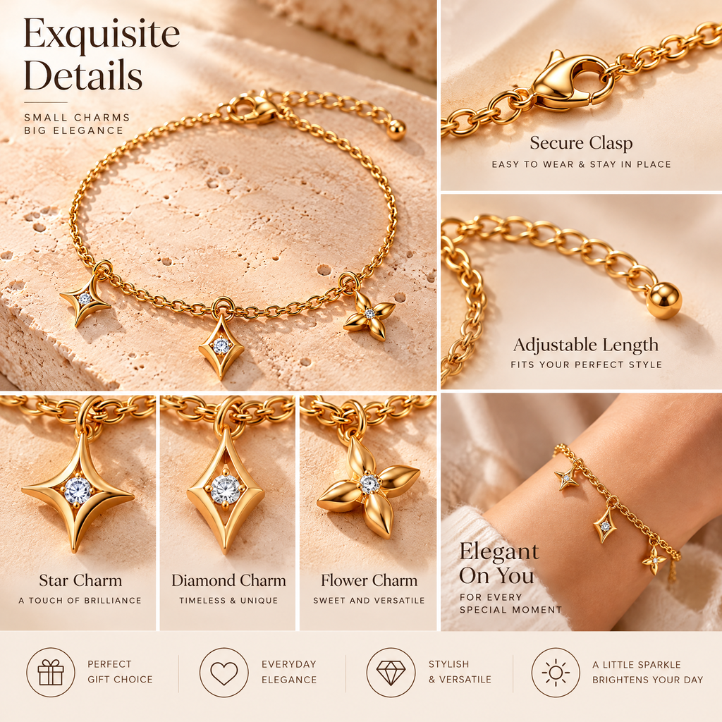 Novebello™ Gold Charm Station Bracelet with Star Details