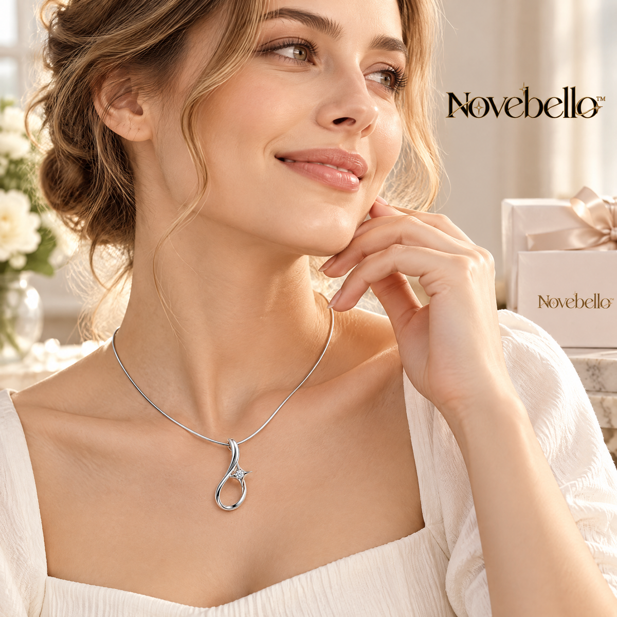 Novebello™ Silver Teardrop Crystal Pendant Necklace