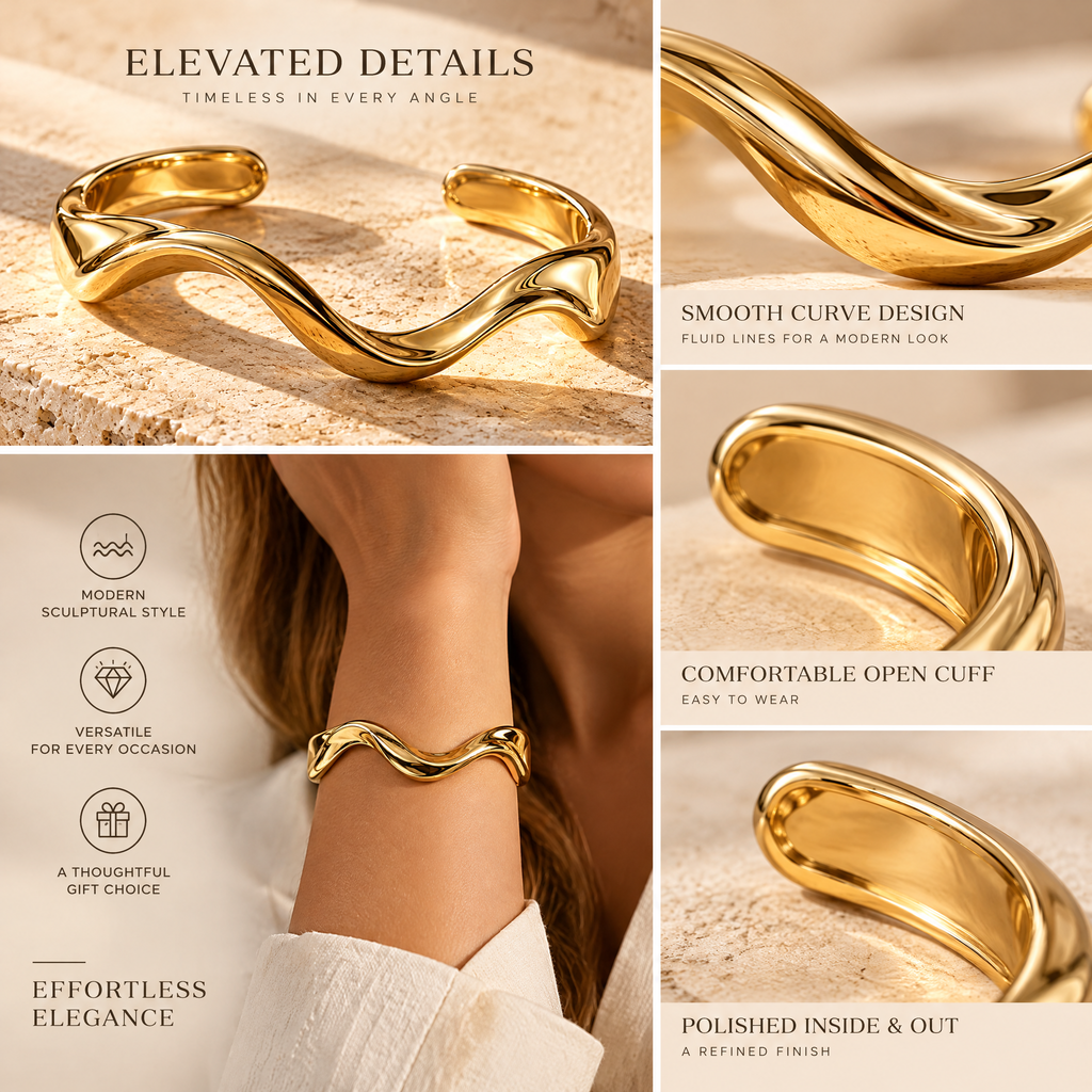 Novebello™ Gold Sculptural Wave Cuff Bracelet