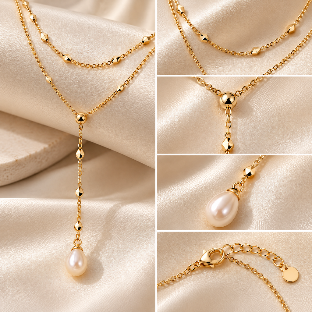 Novebello™ Gold Layered Lariat Necklace with Pearl Drop