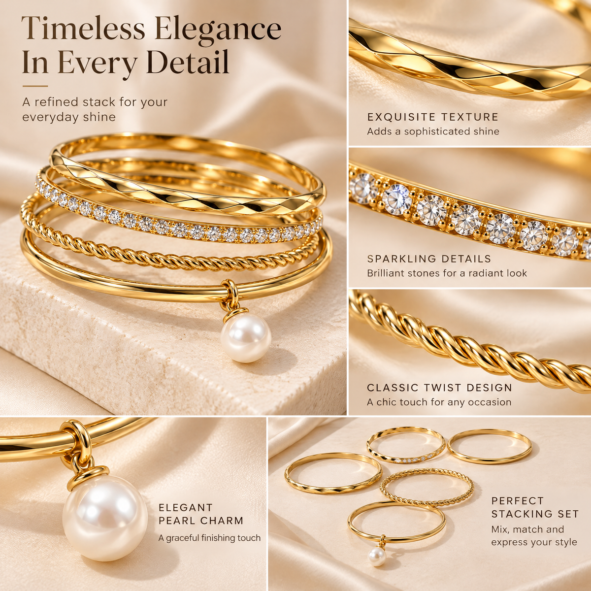 Novebello™ Gold Layered Pearl Bracelet Stack