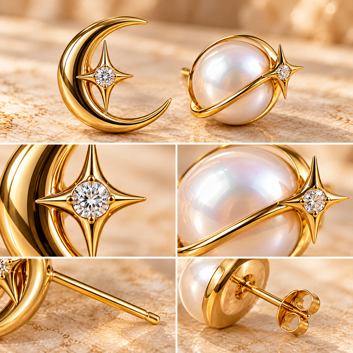Novebello™ Gold Celestial Moon Stud Earrings